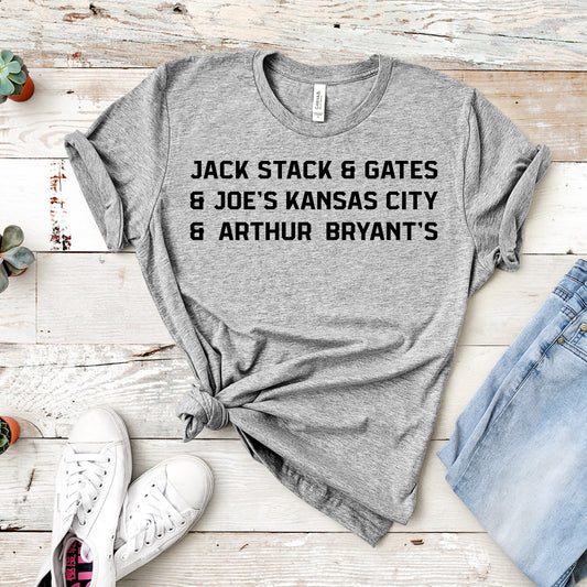 Jack Stack and Gates and Joe's Kansas City and Arthur Bryant's Tee - Grey